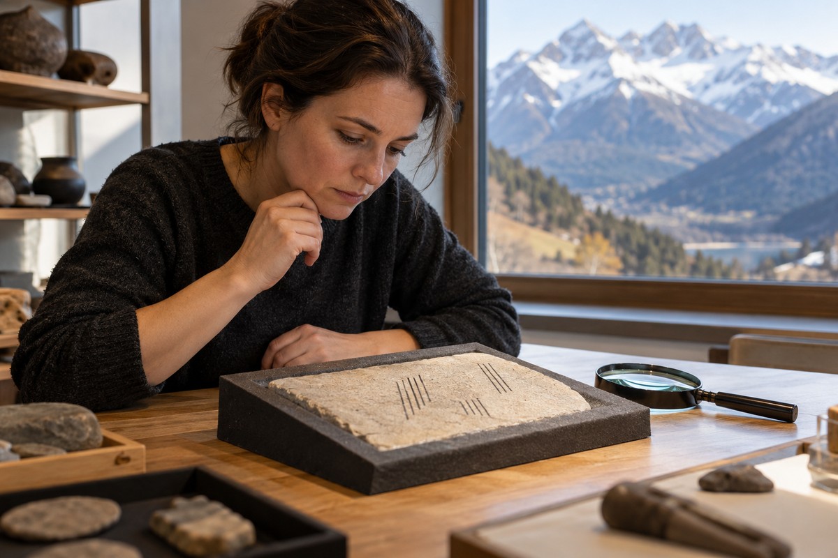 Illustrative contemporary researcher studying simple line patterns in an archaeology workspace.