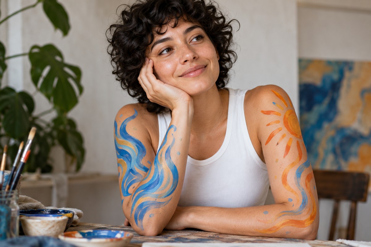 Adult person with short curly hair in white sleeveless shirt showing blue flowing abstract and orange sun motifs on forearms, thoughtful smiling natural studio portrait.