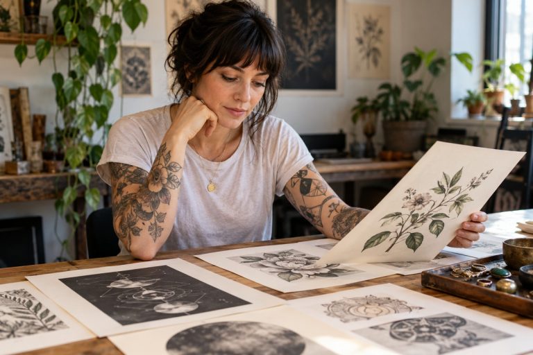 A woman reviewing botanical and geometric artwork beside jewelry.