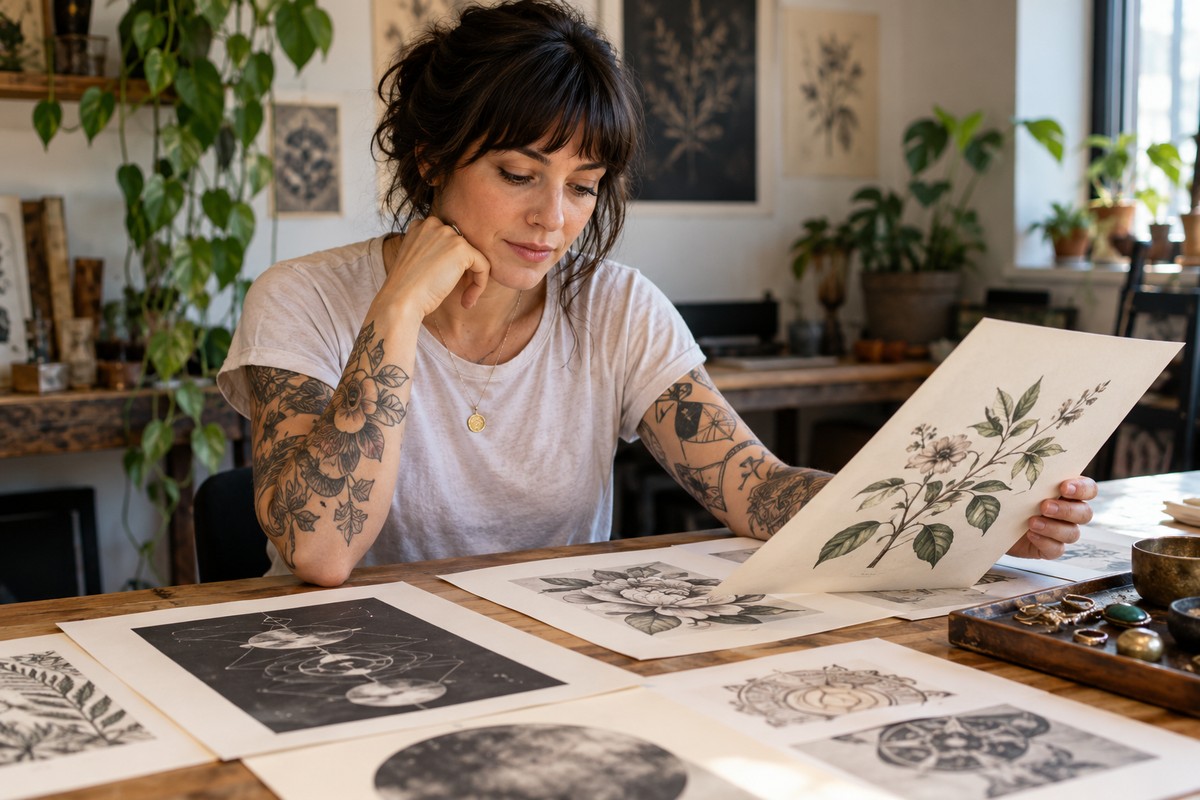 A woman reviewing botanical and geometric artwork beside jewelry.