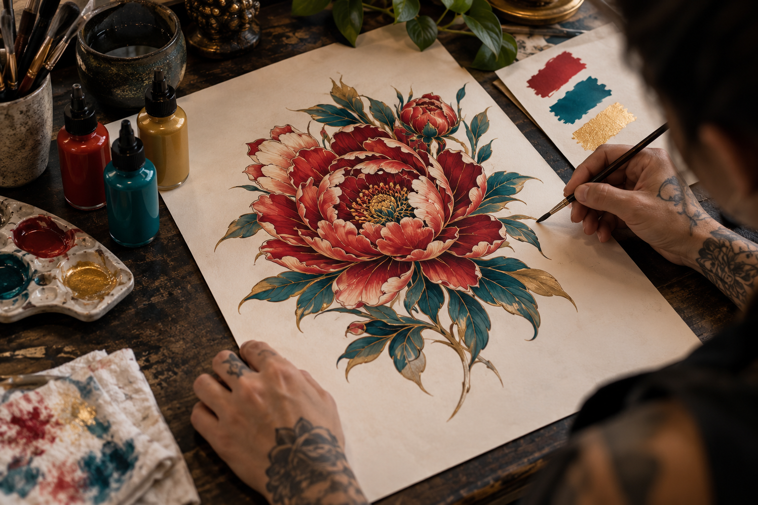 Artist developing a peony design with a focused red, teal, and gold palette.