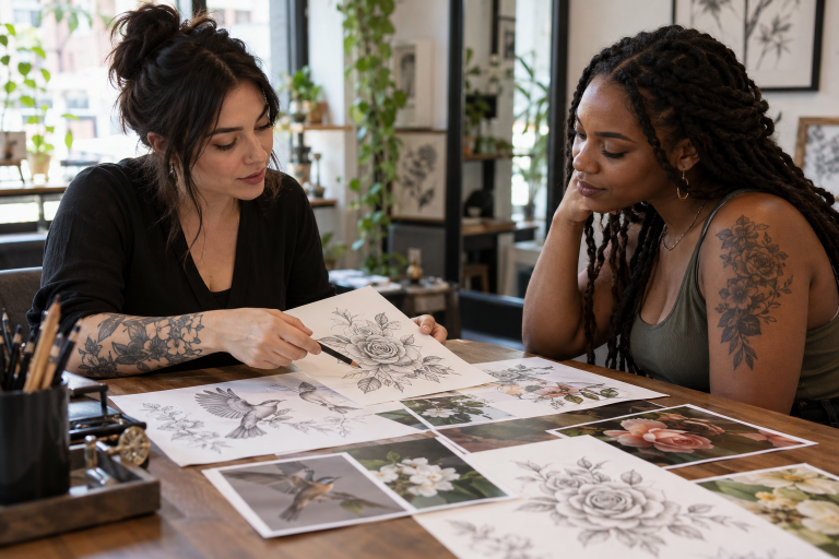 Artist and client discussing sketches and photographic design references.