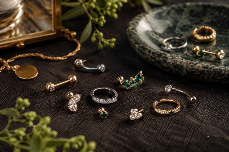 Gold and silver-tone body jewelry with green and clear gemstones on dark linen.