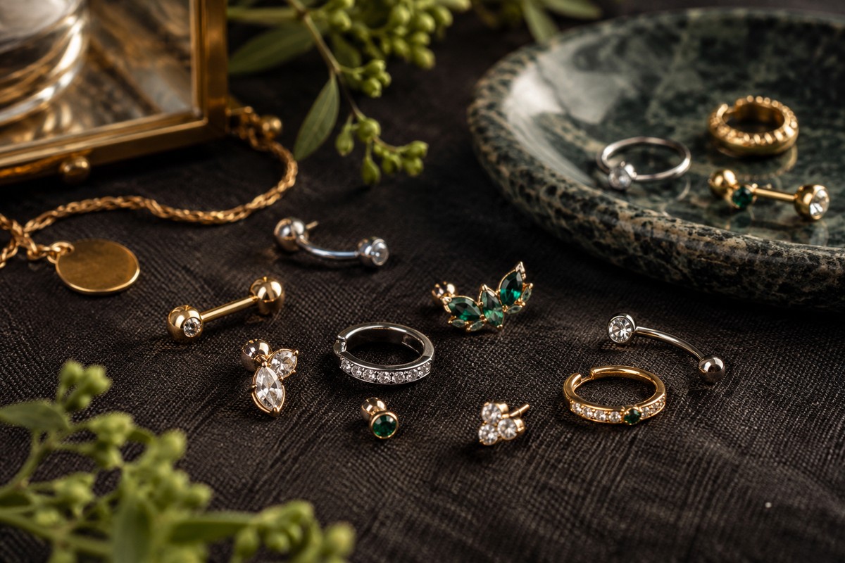 Gold and silver-tone body jewelry with green and clear gemstones on dark linen.