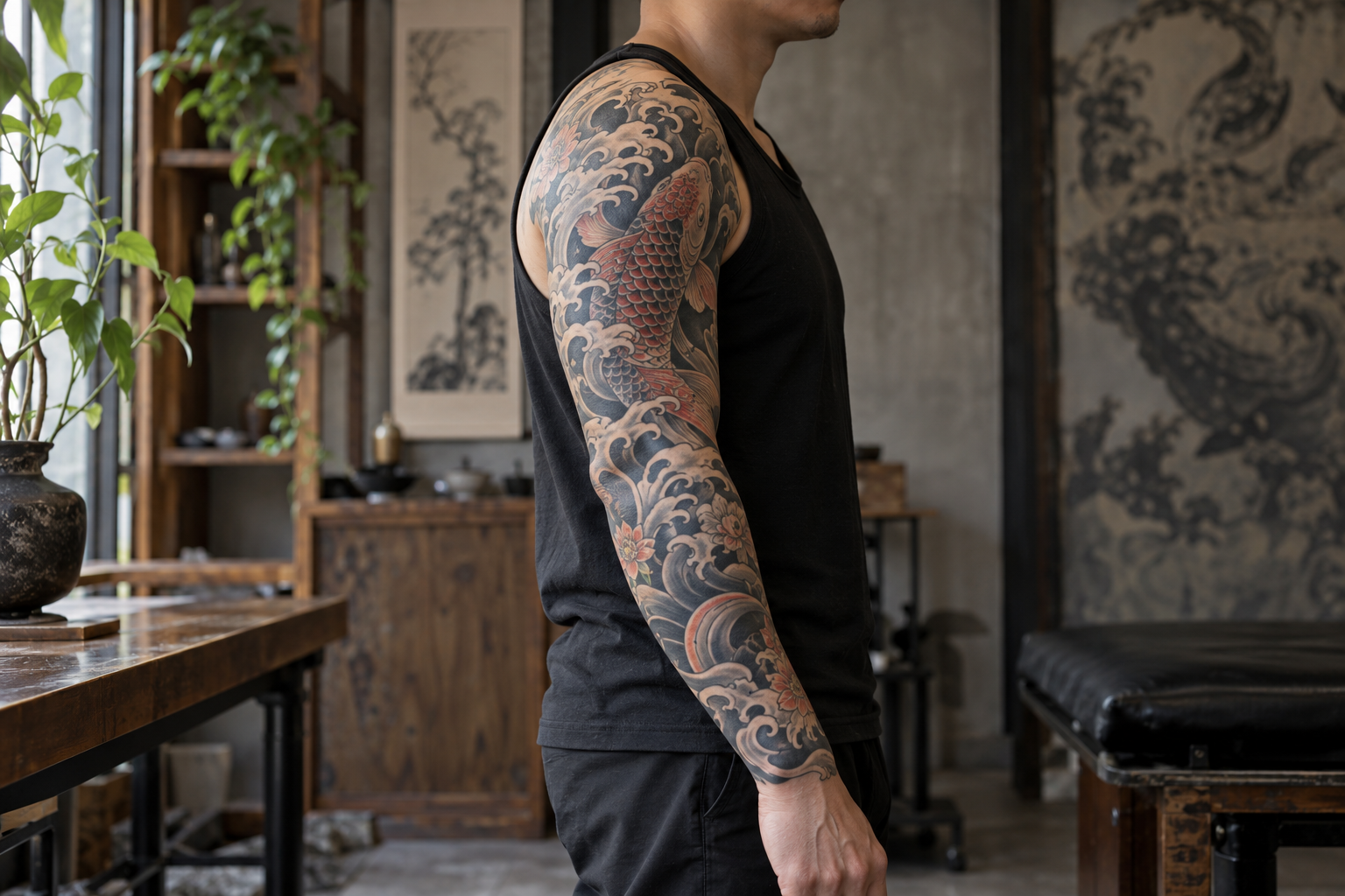 Completed koi and wave sleeve illustrating a cohesive arm composition.