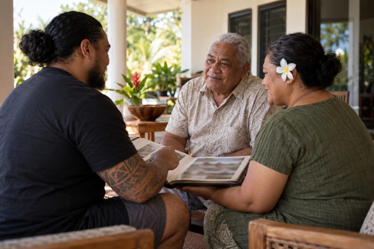 Illustrative multigenerational community conversation over a photo album.