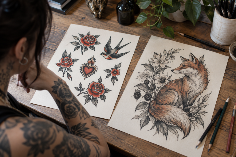 Traditional flash drawings beside a custom fox and floral tattoo design.