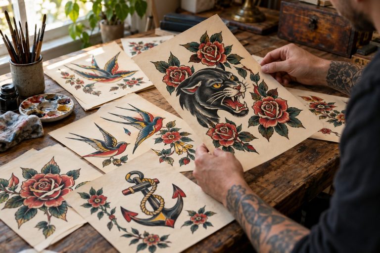 Invented tattoo flash artwork featuring roses, swallows, an anchor, and a panther.