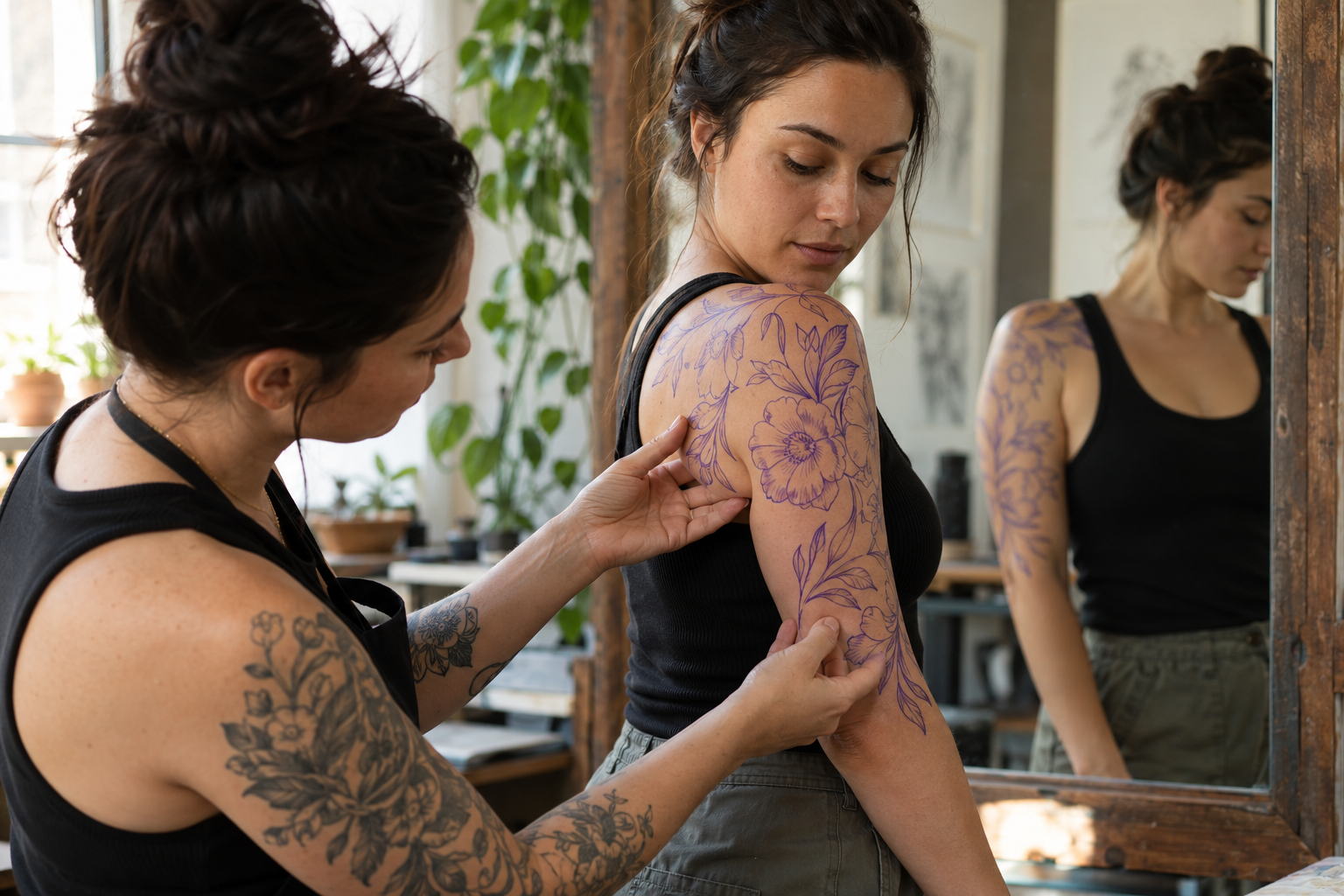 Artist and client reviewing a botanical stencil's placement on the upper arm.