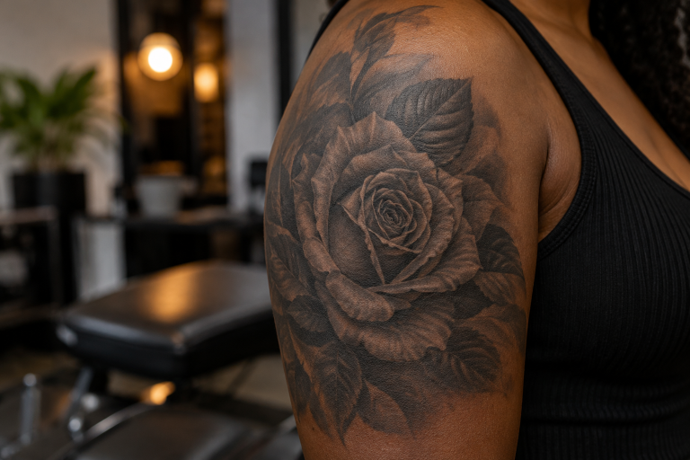 Black and grey rose tattoo showing petal shading and contrast.