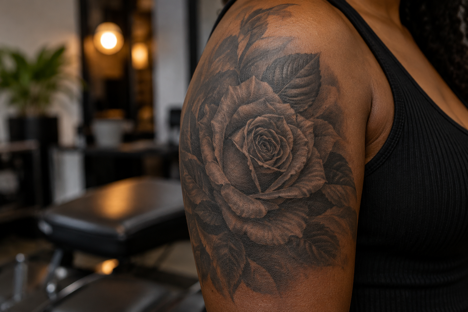 Black and grey rose tattoo showing petal shading and contrast.