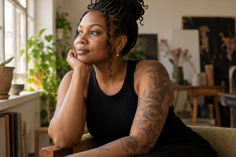 Portrait of a woman with floral tattoos and ear jewelry near a window.