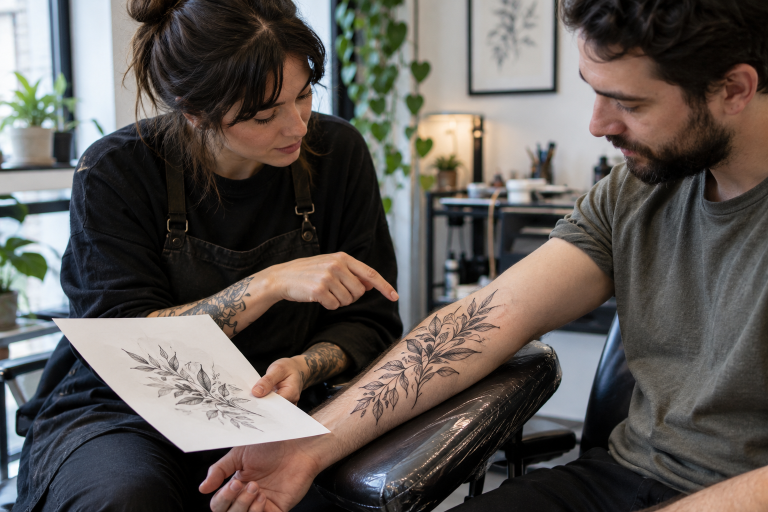 Artist and client reviewing a botanical design on the forearm.